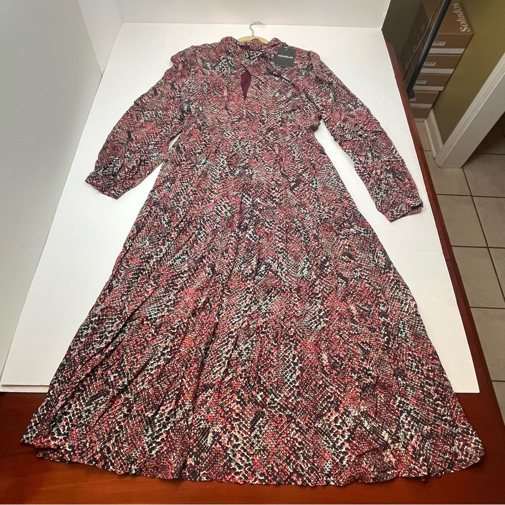 NICHOLAS Eleanor‎ Cross Neck Keyhole Gathered Printed Midi Dress SZ 10 NEW *FLAW - Picture 2 of 16